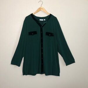 SUSAN GRAVER Women's Plus 3X Green Liquid Knit Velvet Trim Long Sleeve Tunic Top